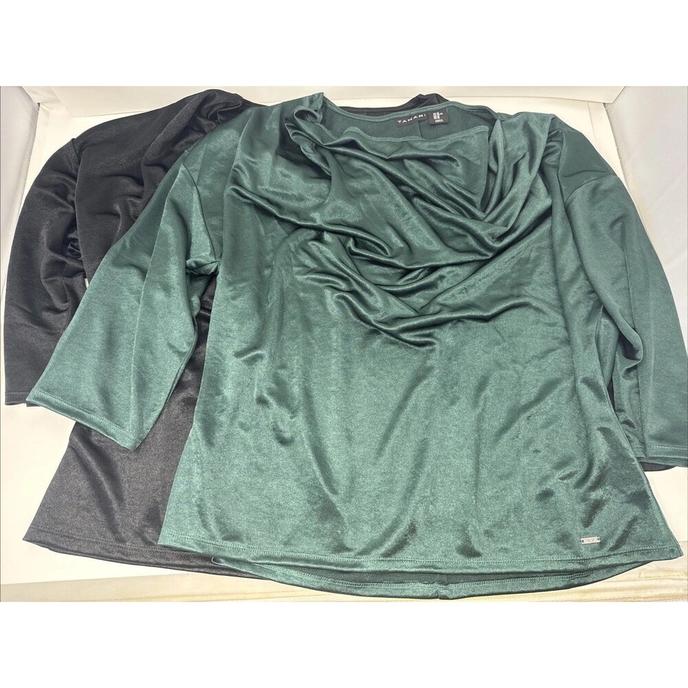 2x Tahari Sparkly Top Womens XL Scoop Neck 3/4 Sleeve Blouse Emerald Green Black